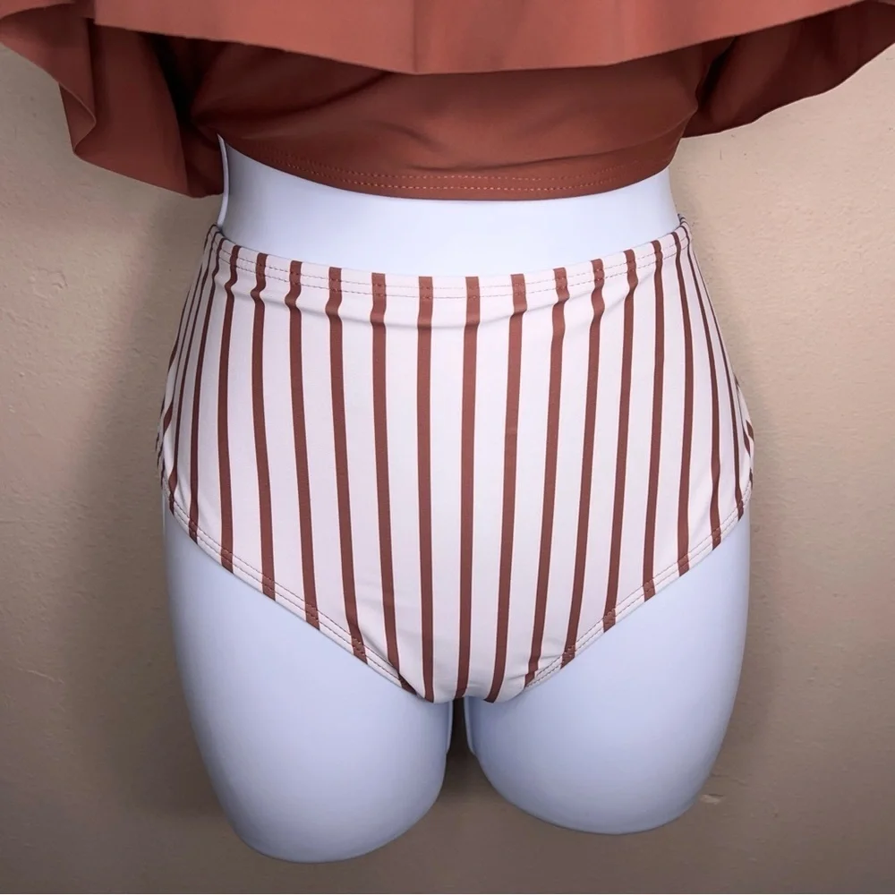 Large Tan Brown White Two Piece Swimsuit Womens Ruffle Top High Waist Striped